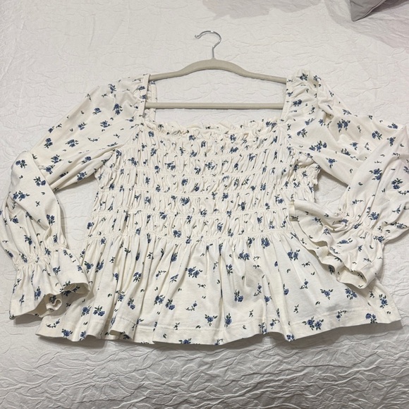 H&M Tops - H&M Cream Floral Smocked Peplum Blouse with Blue Print